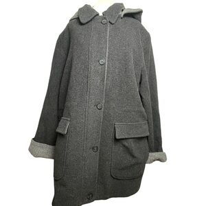 Herman Kay WMNS 100% Wool Hooded Coat Lt Gray Gray Button Zip Up Lined Pocket XL